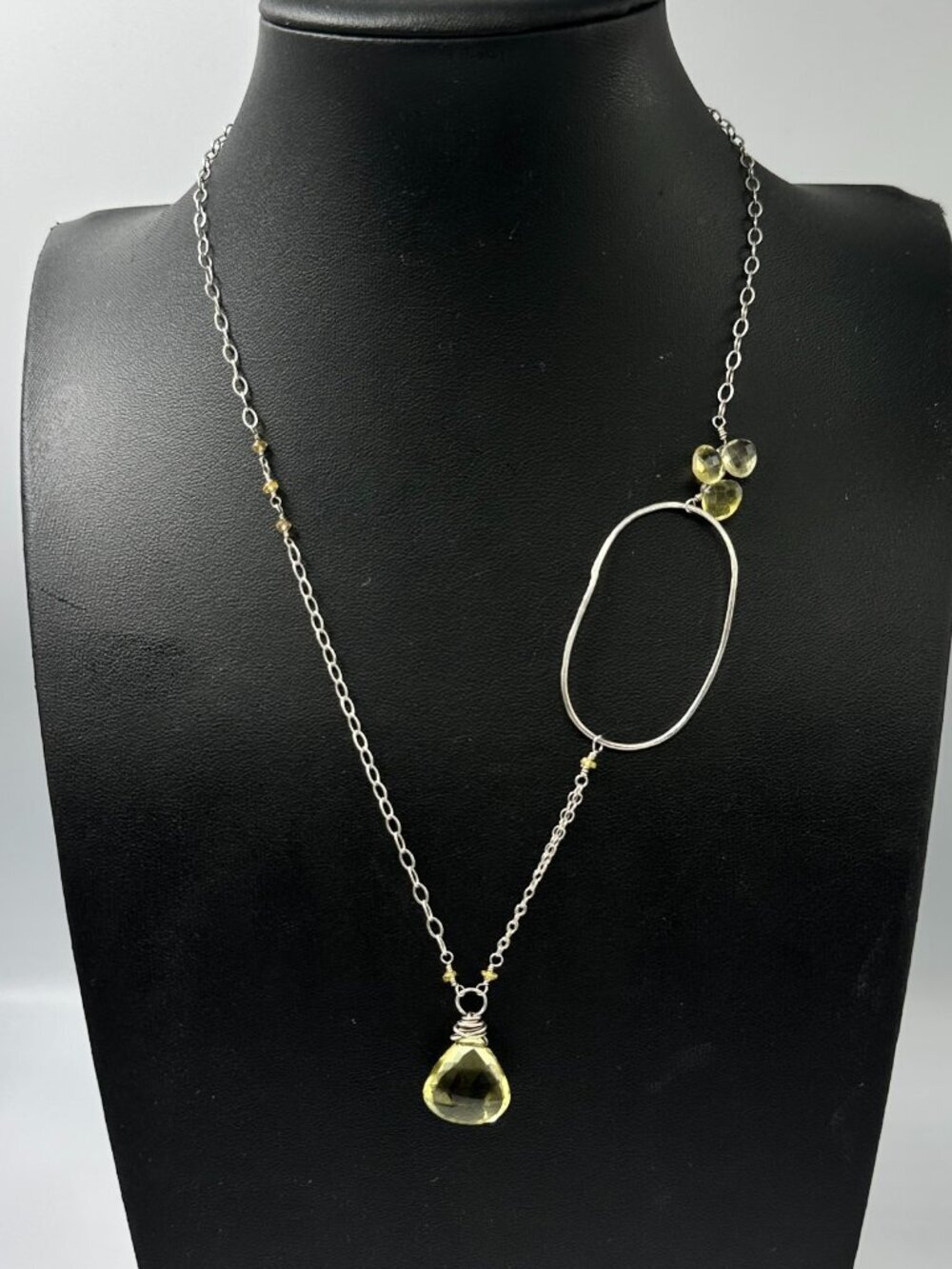 Sterling Silver Necklace Yellow Glass Pendant Wire Wrapped Mixed Chains 20.5"